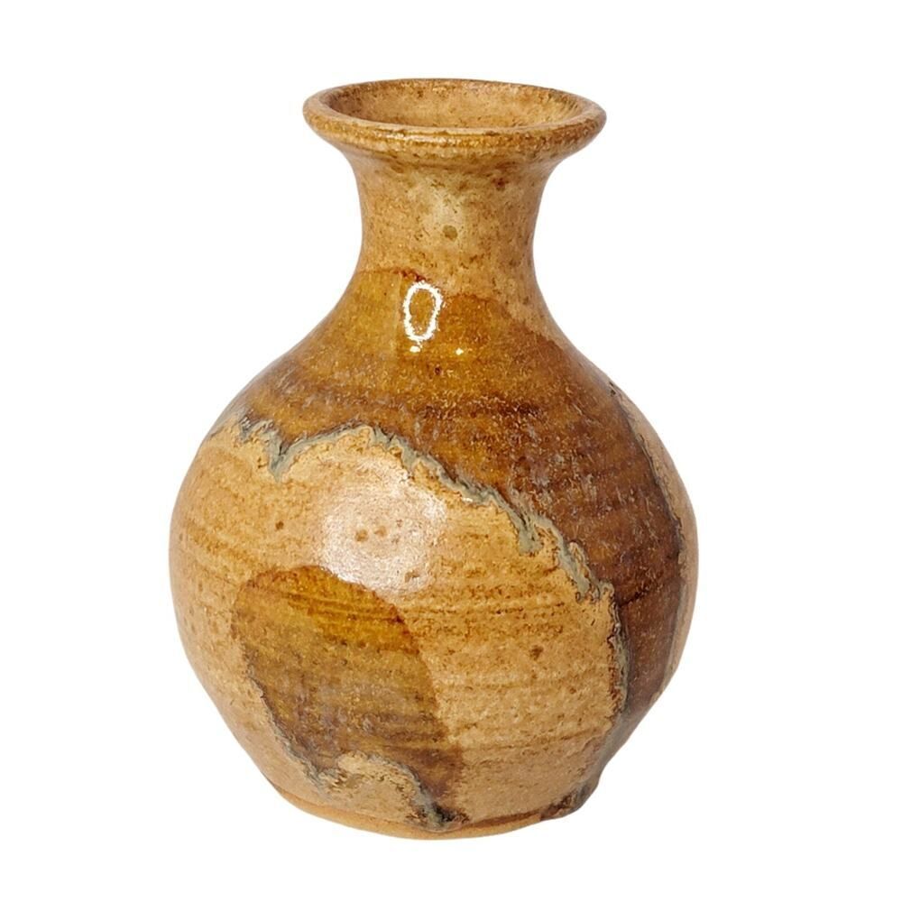 Vintage Art Pottery Vase Yellow Brown Drip Glaze Ceramic Bud Vase Boho Signed
